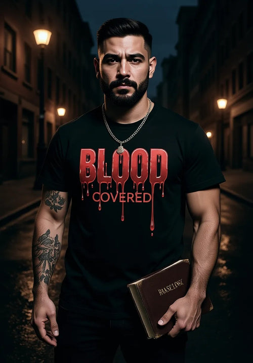 Blood Covered Tee — tattooed warrior on Brooklyn street at night, Bible in hand, Revelation 12:11