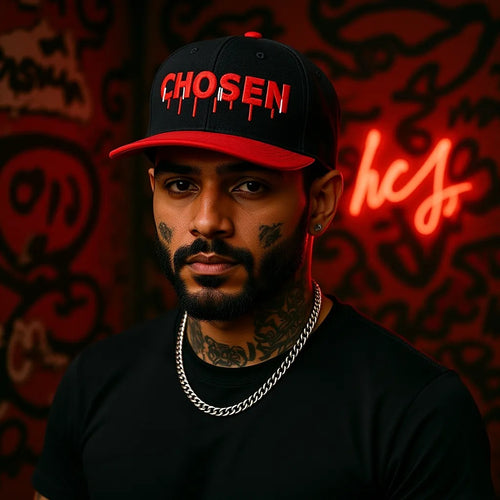CHOSEN Graffiti Snapback — model shot, red and black snapback, Cruz'N4Christ Movement