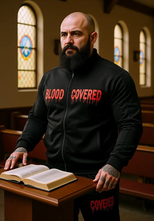 Blood Covered Tracksuit — preacher at the pulpit, black zip jacket and joggers, Revelation 12:11